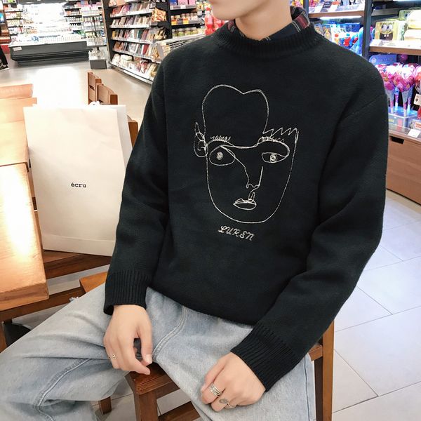 

2019 winter men's fashion trend embroidered knitting in warm coats cashmere woolen pullover casual male loose sweaters s-xl, White;black