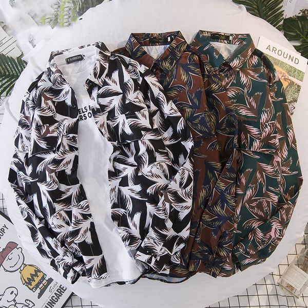 

2019 autumn new men shirt lapel neck long sleeve print shirt male casual plus size loose fashion hawaiian cardigan blouse, White;black