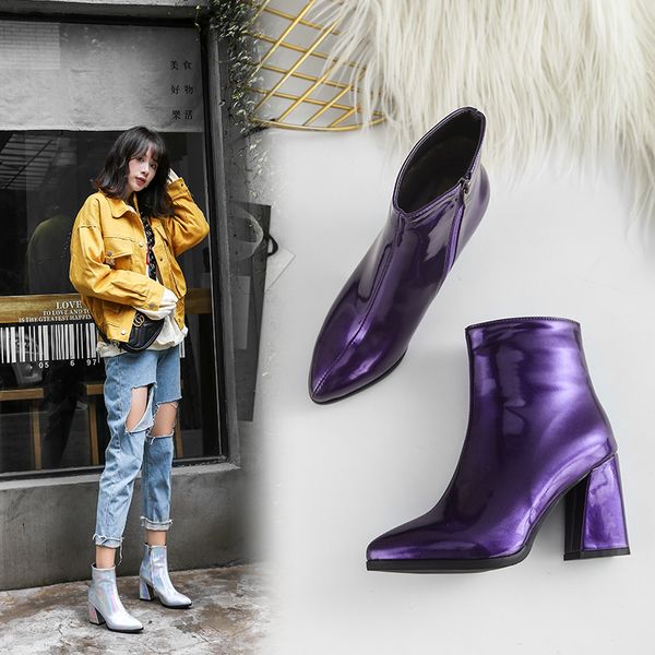 

2019 new sliver gold women ankle boots pointed toe chunky high heel boots mirror metallic women pumps female stiletto, Black