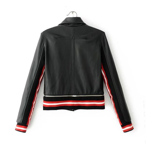 

17 years autumn new style korean-style fashion fold-down collar long sleeve contrast color pu leather coat jacket women's, Black;brown