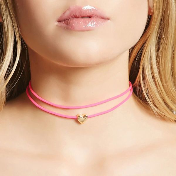 

2019 new fashion gold color short heart choker necklace for women layered pink leather laces velvet chocker jewelry collier, Golden;silver