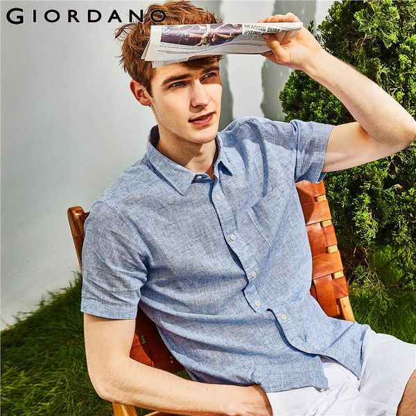

giordano men shirt men quality linen cotton blended fabric single pocket camisa masculina short sleeve shirt summer, White;black