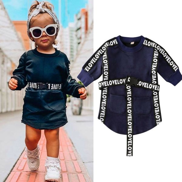 

2019 fashion infant kids girls dress+belt long sleeve pullover letter print sweatshirts 2pcs autumn clothes 6m-5y, Black