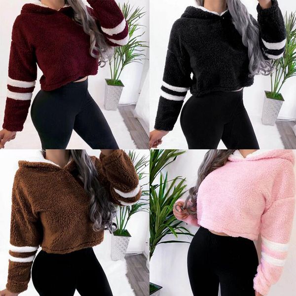 

women's hoodies & sweatshirts winter teddy women crop sweatshirt fleeces striped loose warm autumn pullovers short female outwear, Black