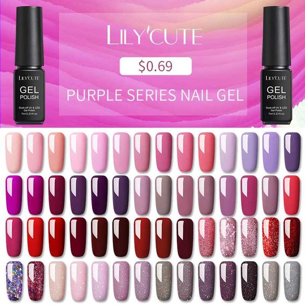 

lilycute nail gel polish hybrid varnishes gel purple series uv polish semi permanent 7ml soak off base coat, Red;pink