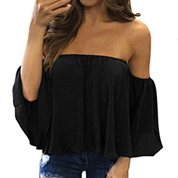 

ladies designer blouse woman off women shoulder casual shirt strapless pure color bell puff sleeve good quality, White