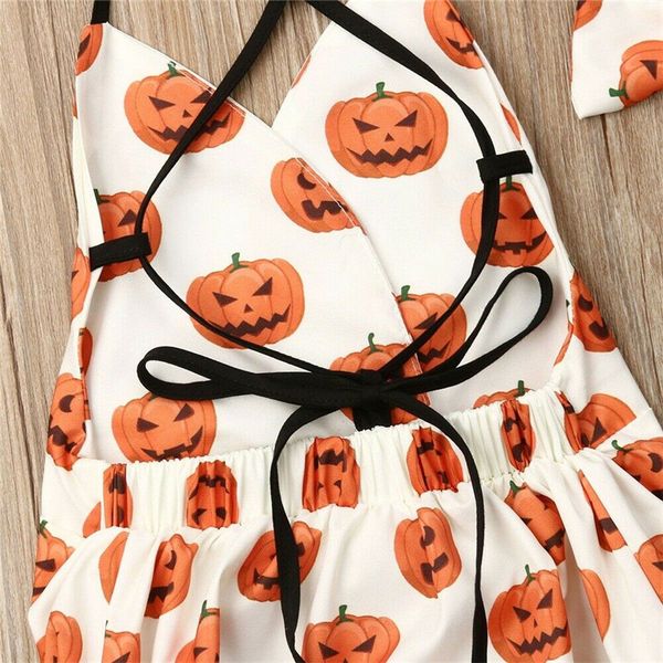 

2019 cute baby girl clothing sets halloween 2pcs pumpkin halter romper backless playsuit headband summer bab ygirl outfits 0-24m, White