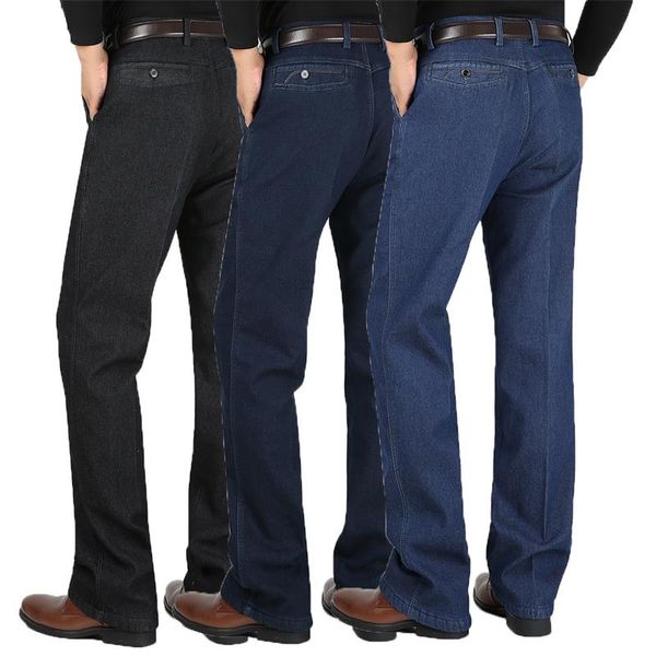 

2019 winter new men's jeans plus velvet thick middle-aged casual jeans men's business high waist denim trousers, Blue