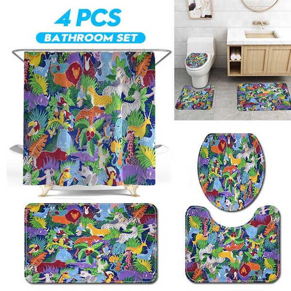 

4pcs home bathroom shower curtain flower print waterproof bath curtain set toilet cover mat non-slip bathroom rug set hos