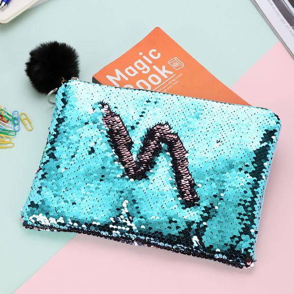 

mermaid sequin makeup bag fur ball zipper pouch pencil case storage bags portable glitter reversible sequin cosmetic case