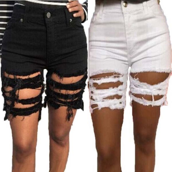 

women big ripped hole denim jeans high waist knee length boyfriend stretch short jean summer skinny pants, Blue