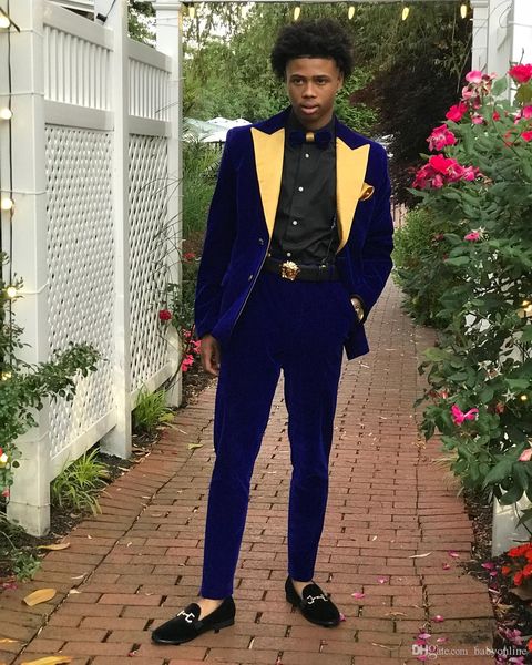 2019 Coat Pant Designs Royal Blue Velvet Gold Risvolto Sposo Abito da uomo Smoking Prom Costume Homme Mariage Per abiti da uomo