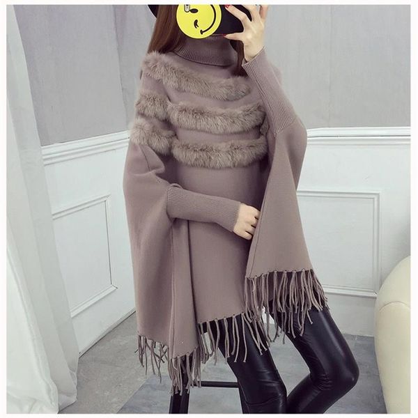 

women turtleneck cape and poncho shawl cloak sweater batwing sleeve autumn winter solid tassel long knitted pullover, Black