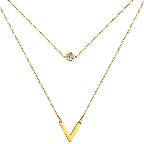 

stainless steel round crystal v letter shape triangle geometric pendant necklaces for women double layer necklace party jewelry, Silver