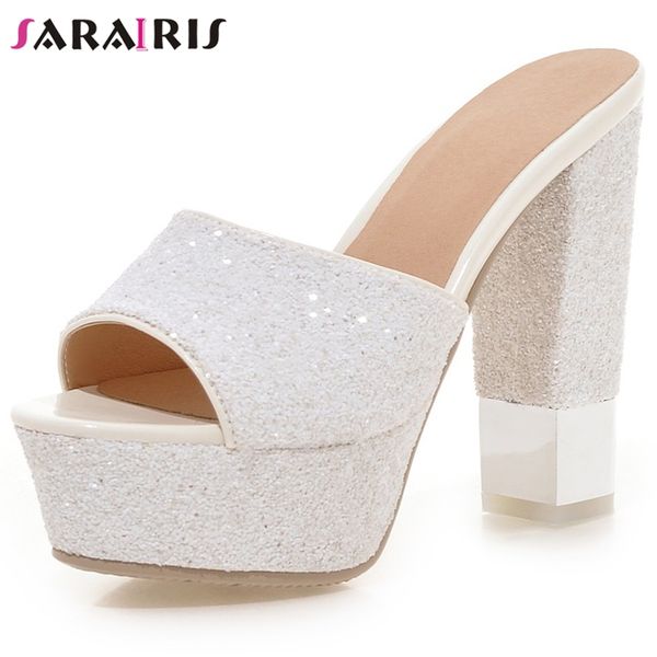 

sarairis new fashion mules big size 32-43 female bling platfrom pumps women party slippers pumps high chunky shoes woman, Black