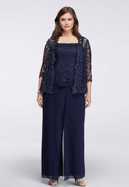 

plus size lace mother of the bride pant suits with jackets wedding guest dress plus size dark navy mothers groom dresses pd5020, Black;red