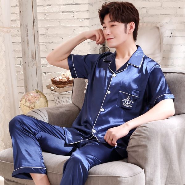 

men's ice silk thin short-sleeved wool pajamas long pants men's outdoor wear cardigan silk pajamas set, Black;brown