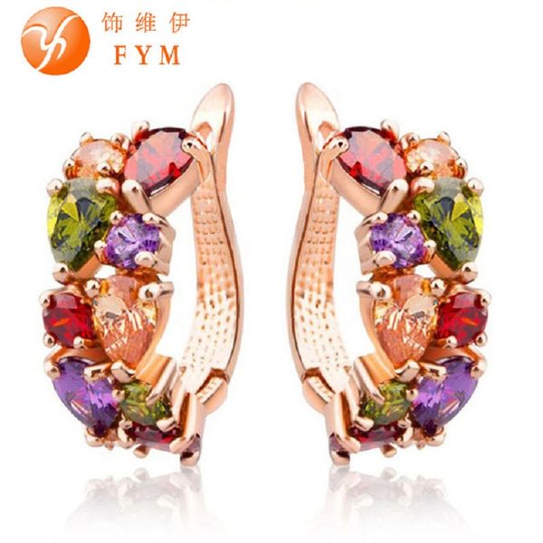 

fym mona lisa luxury rose gold color multicolor hoop earrings for women with colorful zircon crystal jewelry statement earrings, Golden;silver