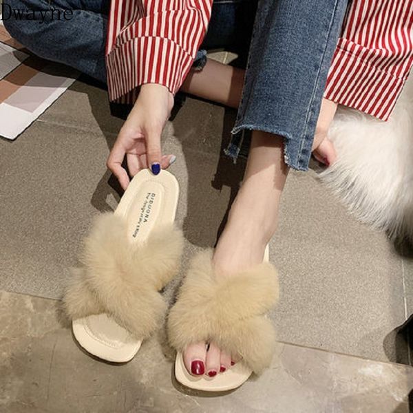 

new sweet fluffy furry cross female slippers wild non-slip flat bottom female slippers comfortable cute home, Black