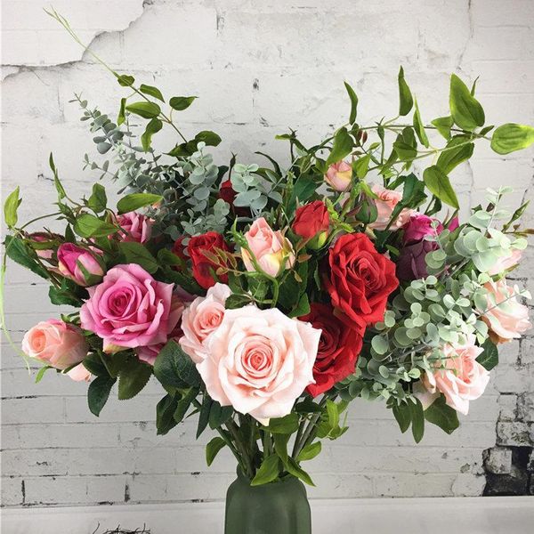 

роскошные розы отделение шелковый искусственные цветы fleur artificielle поддельный цветок флорес для дома свадебные украшения эвкалипт