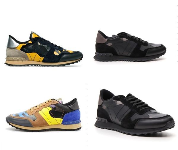 

flat shoes fashion stud rivet camouflage sneakers men women leather flats designer trainers casual shoes, Black