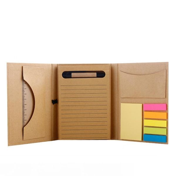 

creative three-fold notepad kraft paper diary simple bundled with multi-function stationery notwith pen sticky notes, Purple;pink