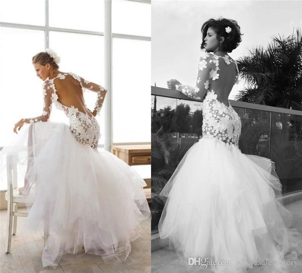 

backless mermaid wedding dresses long sleeves vintage lace applique bateau neckline wedding bridal gowns with tieres skirts, White
