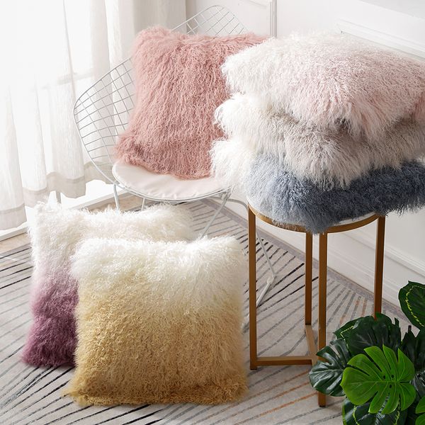 

single side gradient color mongolian sheepskin curly fur pillow for furniture upholsterygradually changing color fur cushion