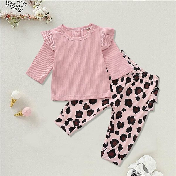 

baby girls clothes 2020 spring newborn clothes long sleeve knitted ruffles t-shirts leopard print pants cotton outfits 0-18m, White