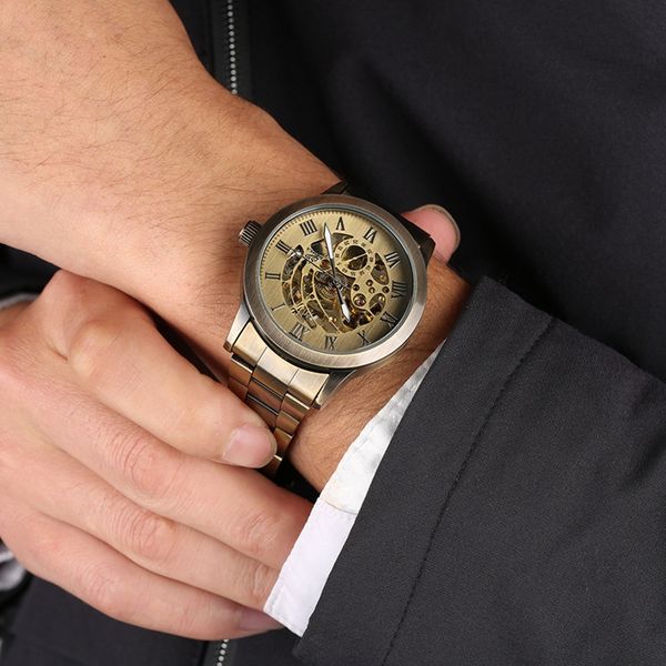 

automatic metal watches men's retro bronze skeleton mechanical watch men sports brand men watch reloj para hombre, Slivery;brown