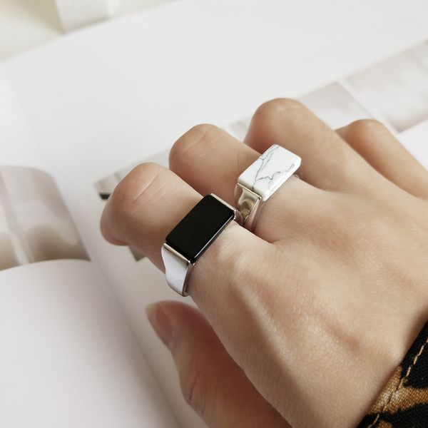 

1pc authentic s925 sterling silver fine jewelry geometric rectangle black /white agate stone ring adjust gift j359, Golden;silver