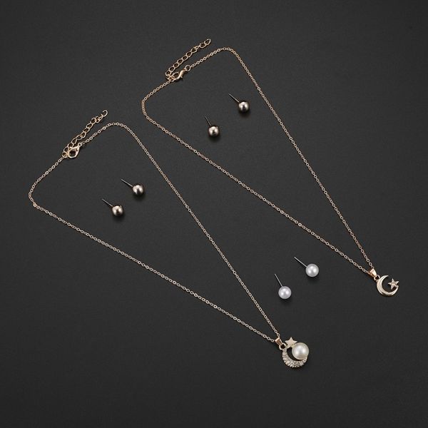 

fashion jewelry moon stars double pendant necklace imitation pearls stud earrings jewelry set girl, Silver