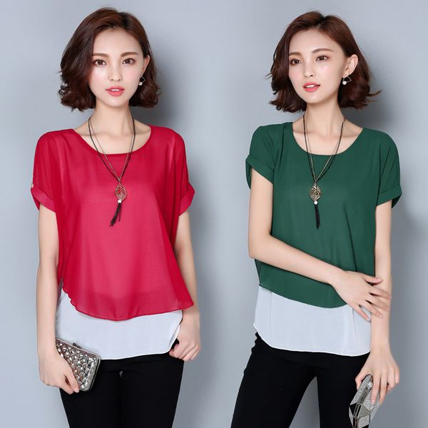 

plus size summer blouse women short sleeve chiffon shirt ladies fake two piece women clothing loose plus size 4xl, White