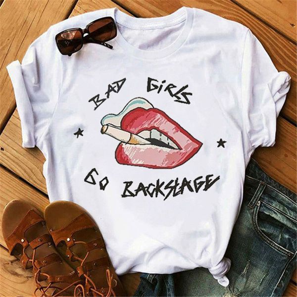 

2020t shirt female short sleeve loose lips printed clothes plus size2, White
