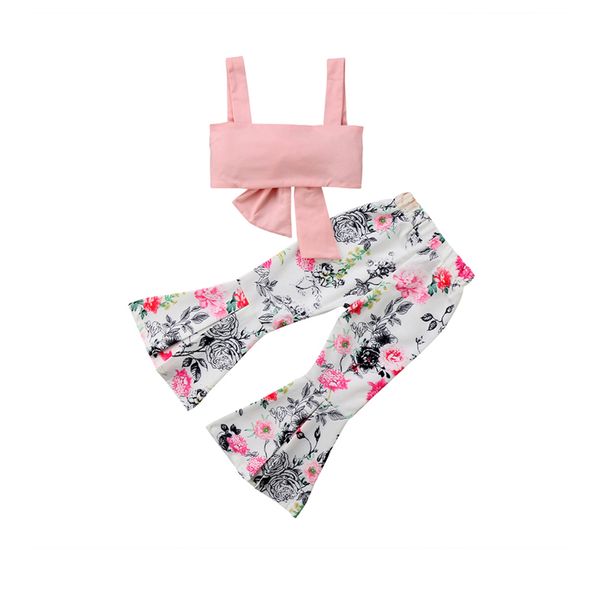 

princess fashion cute summer party newborn baby girls sleeveless square collar pink vest floral print flare pants 2pcs 1-6y, White