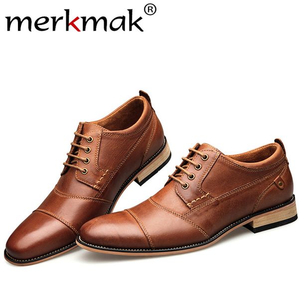 

merkmak fashion lace-up oxfords shoes business formal shoes handmade genuine leather dress shoes big size party wedding footwear y200420, Black