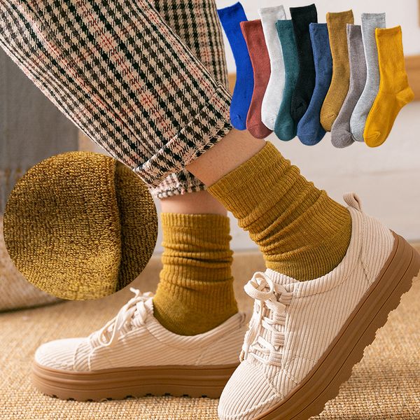 

socks & hosiery heap women winter thick terry cotton candy-colored japanese long retro solid color ladies, Black;white