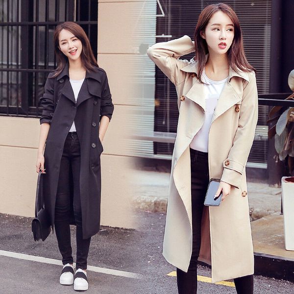 

womens double-breasted long windbreaker over knee length trench coat overcoat, Tan;black