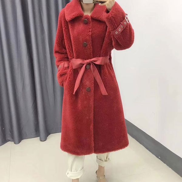 

women's fur & faux 2021 winter long real sheep coat women thick warm natural coats with leather belt white red genuine shearling, Black
