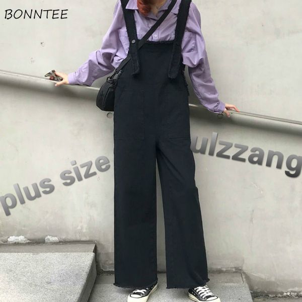 

jumpsuits women loose leisure korean style fashion daily womens all-match streetwear solid simple pockets new students plus size, Black;white