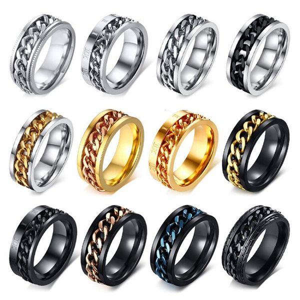 

meaeguet fashion men's ring the punk rock accessories stainless steel black chain spinner rings for men 3 color usa size 6-15, Silver