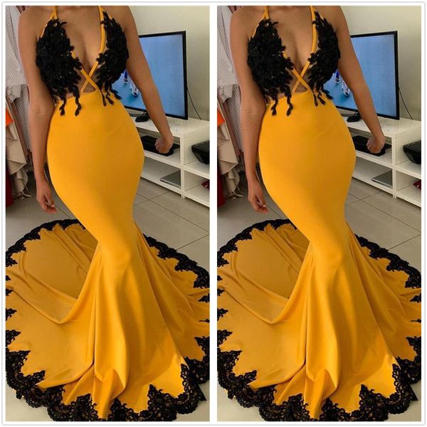 

african halter satin mermaid prom dresses lace applique women pageant dress sheer neck satin long party evening gowns bc3341, Black