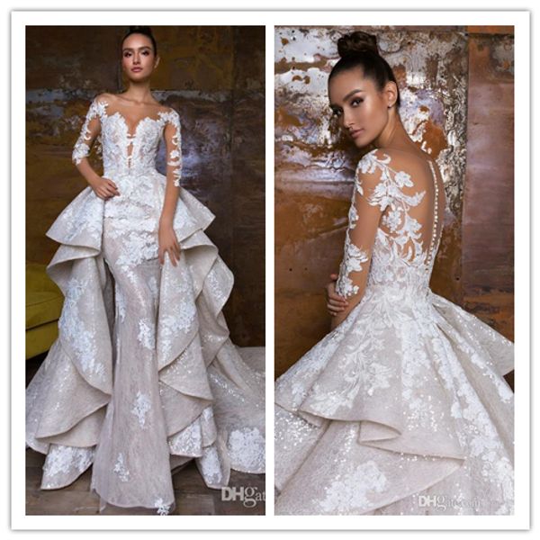 

new designed mermaid wedding dresses with detachable train lace appliqued bridal gowns illusion bodice country wedding dress vestidos de nov, White