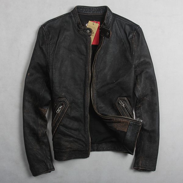 

men new fashion vintage genuine black cowskin short simple motorcycle jacket men's slim fit leather coat