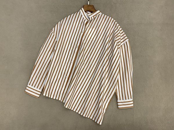 

женская рубашка новый свободный силуэт наклонная планка однобортная полосатая рубашка с длинным рукавом, White