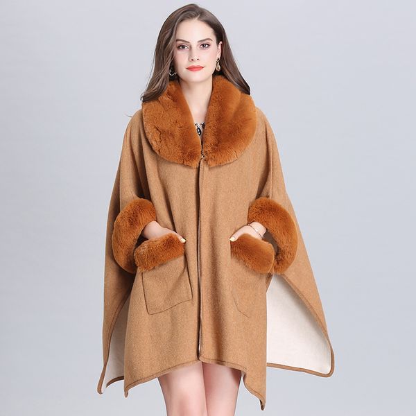 

new women's plus size loose woolen jackets mid long split coats faux fur collar patchwork outerwear wool pockets clothing, Black