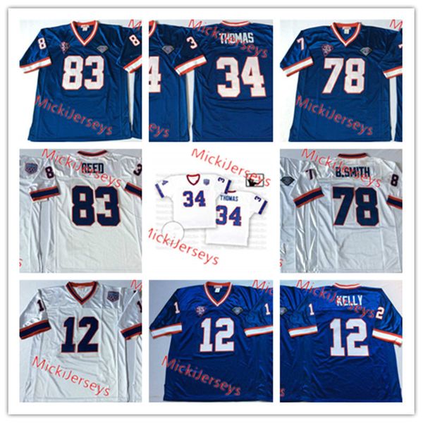 

mens ncaa #12 jim kelly vintage football jersey stitched roayl white #34 thurman thomas #78 bruce smith #83 andre reed jersey s-3xl, Black;red