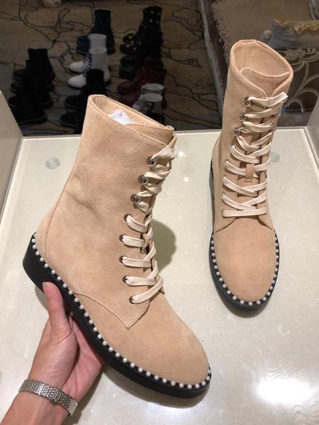 

2019 autumn new women's motorcycle boots leather boots pearl straps and leg, Black