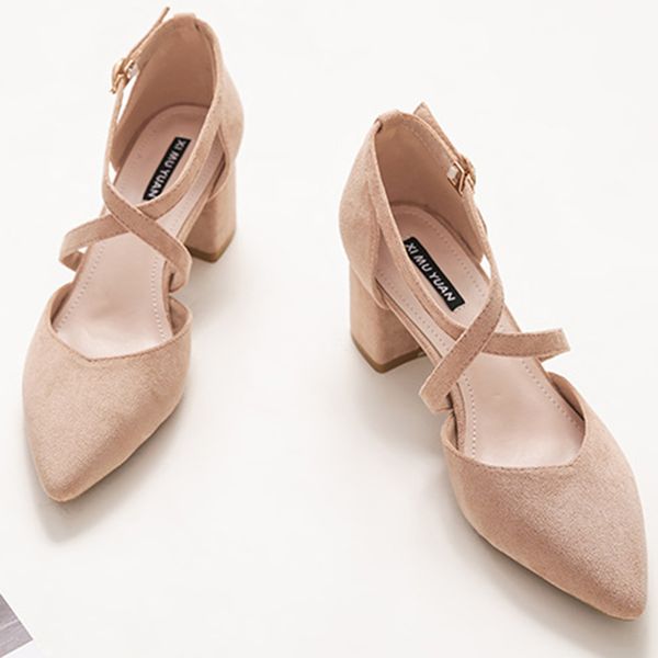 

dress shoes summer high heel women sandals low girl simple single classic cross lace-up nude pink wine red black