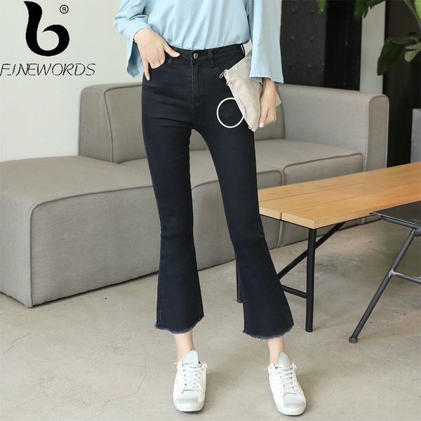 

finewords 2017 autumn causal harajuku bell bottom skinny high waist jeans push up black slim elastic denim wide leg flare pants, Blue